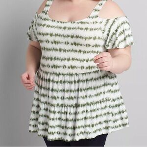 Lane Bryant | Green/White Tie Dye Stripe Babydoll Cold-Shoulder T-Shirt Sz 14/16
